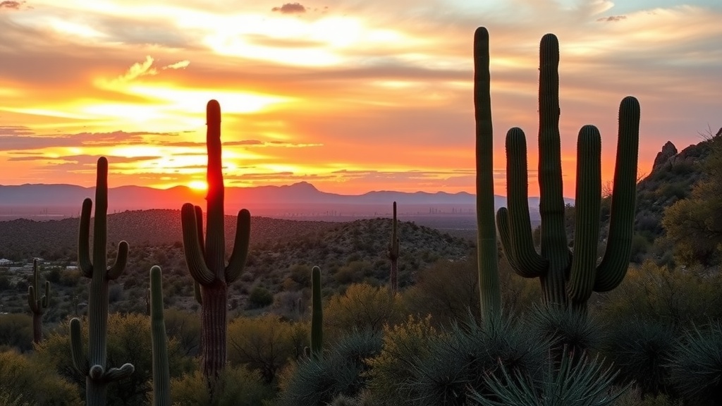 Sunset at Saguaro National Park with tall cacti silhouetted against a colorful sky.