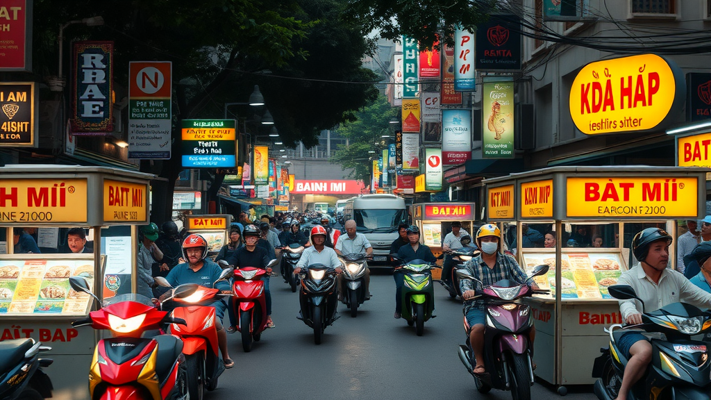 A busy street in Saigon filled with vendors selling Banh Mi and motorcycle riders.