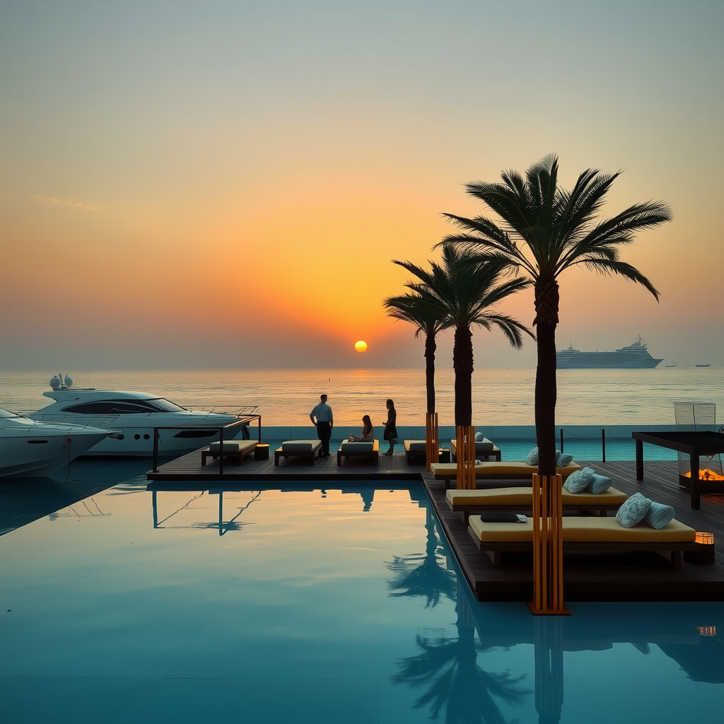 A sunset view from The Beach Club in Dubai with palm trees and a yacht.