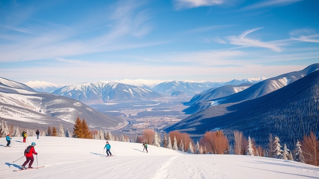 Skiers enjoy a sunny day on the slopes with snow-covered mountains in the background.