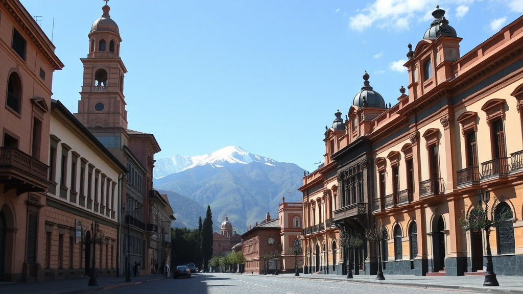 A street view of Salta, Argentina featuring historical buildings and mountains in the background.