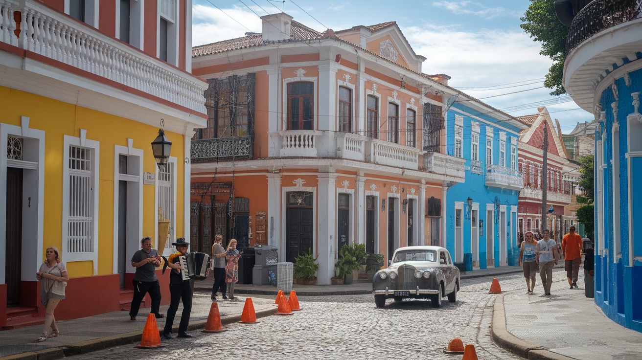 A vibrant street scene in Salvador's Pelourinho neighborhood featuring colorful buildings and street performers.