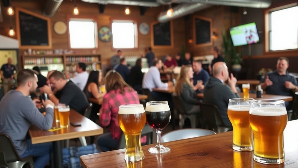 Interior of a brewery in Fort Collins, featuring a wooden bar and various beers on display.