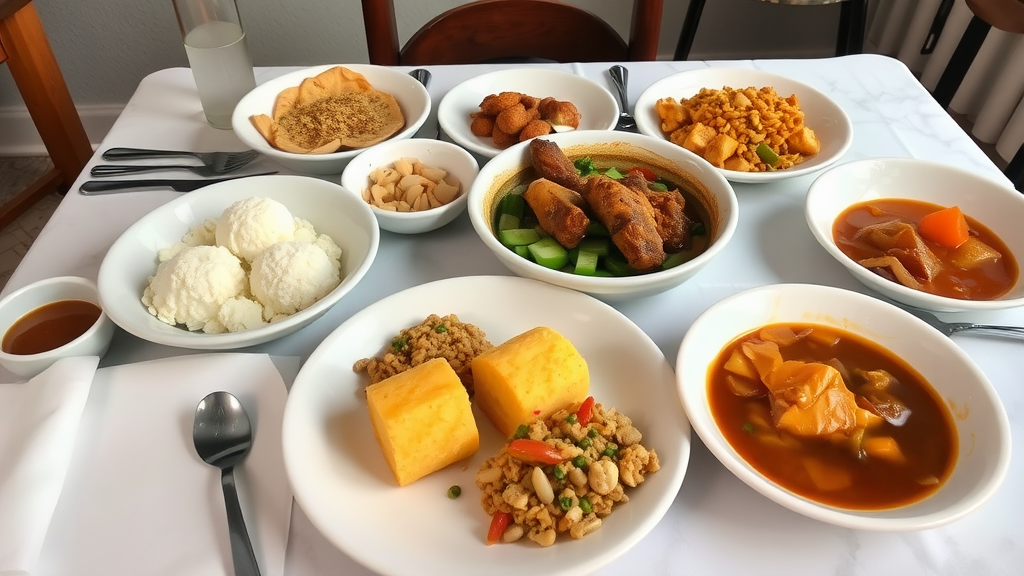 A vibrant table spread featuring traditional Dominican dishes including cornbread, chicken stew, vegetable soup, and pickled vegetables.