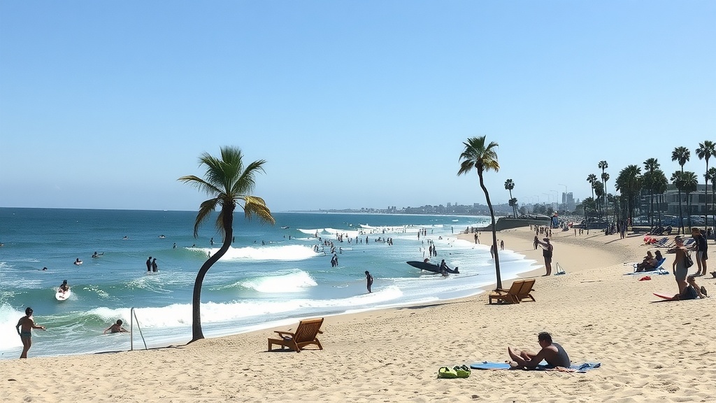 A sunny day at San Diego beach with people enjoying the water and sand.