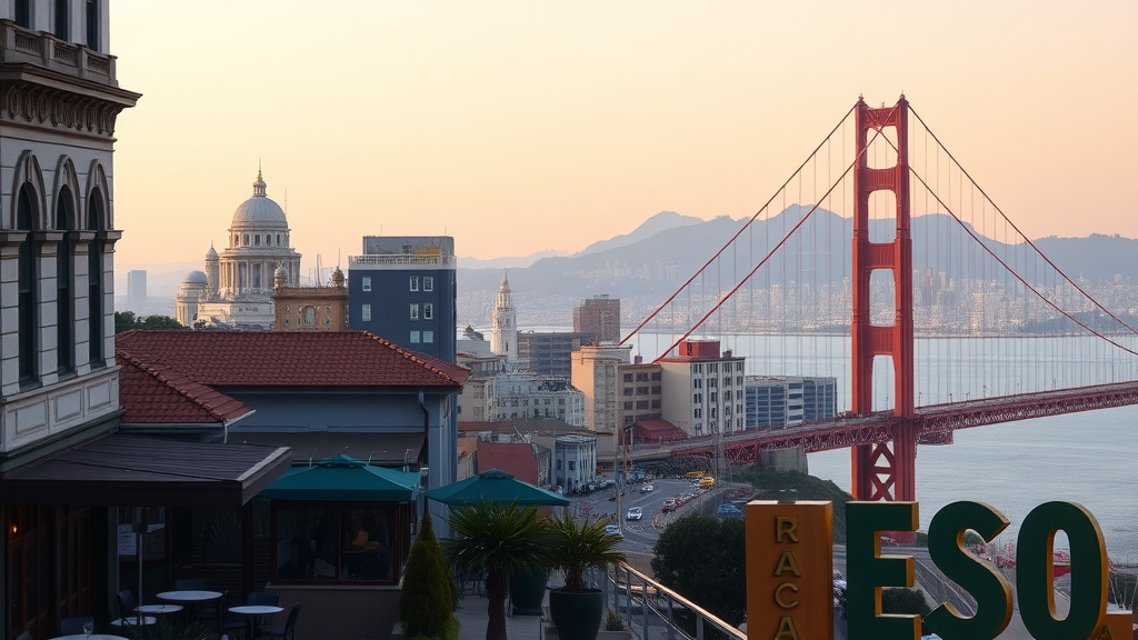 View of San Francisco with the Golden Gate Bridge in the background and city buildings.