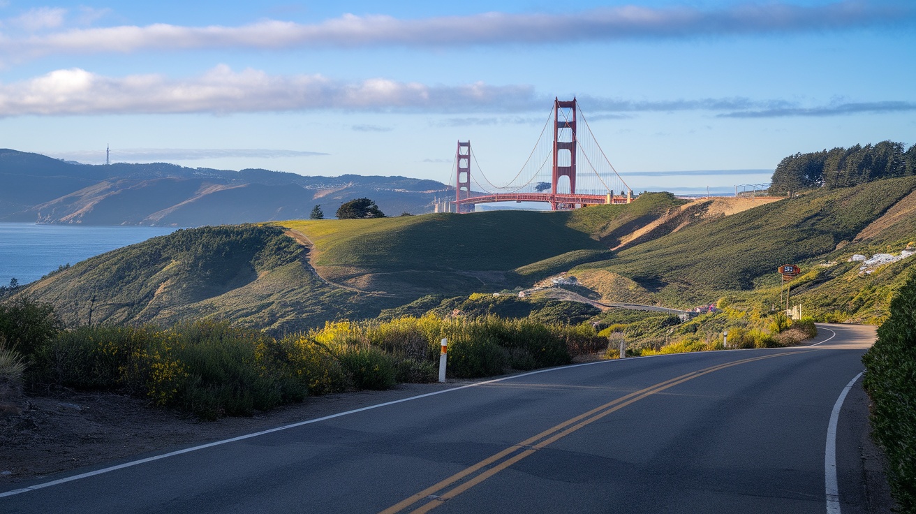 A view of the Golden Gate Bridge surrounded by green hills and a clear sky.