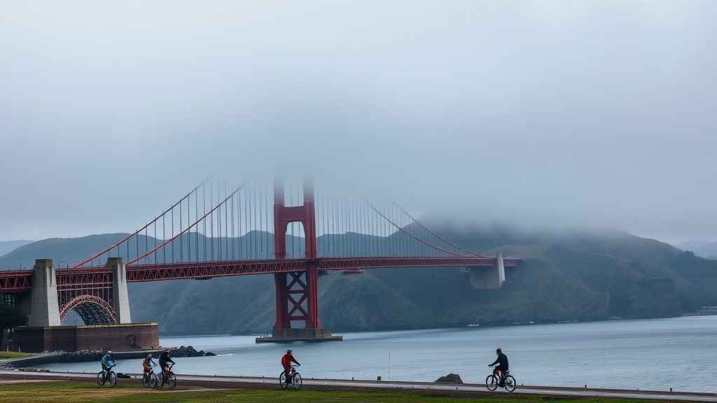 Bikers riding near the Golden Gate Bridge with fog in the background