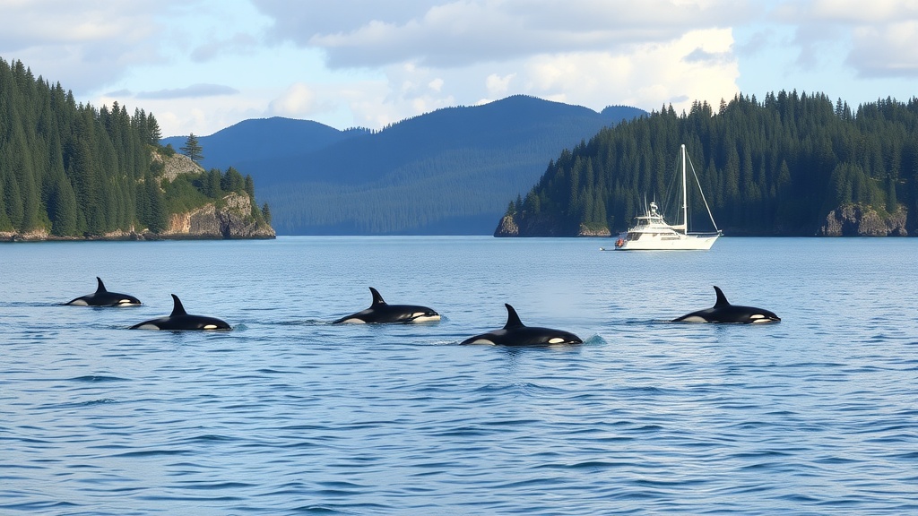 Orcas swimming near a boat in the San Juan Islands, surrounded by lush greenery and mountains.