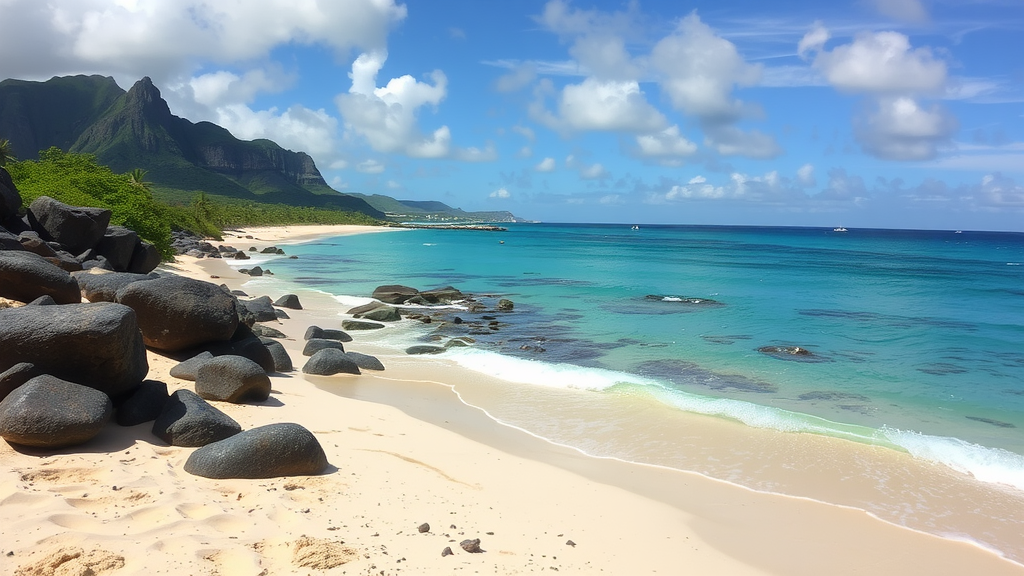 A sunny day at Sandy Beach, Oahu with people enjoying the beach and surfing.