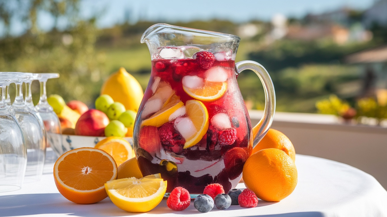 A pitcher of sangria with ice, fruits, and glasses on a table