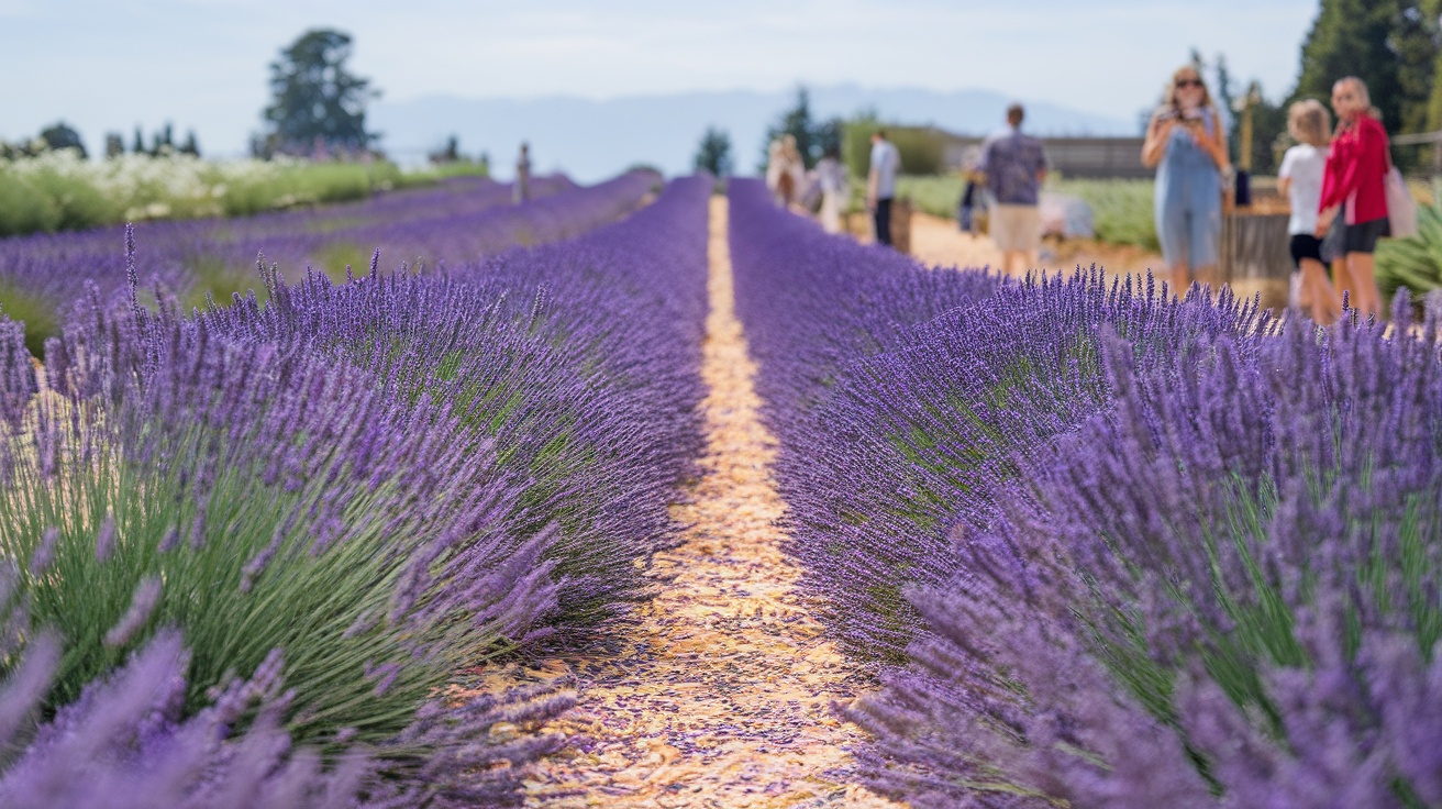 Vibrant lavender fields at Santa Barbara Lavender Farm with visitors enjoying the scenery.