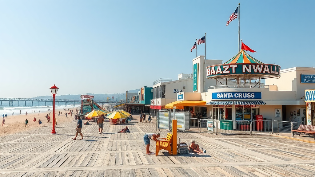 A view of the Santa Cruz Boardwalk with colorful shops and people enjoying the beach.