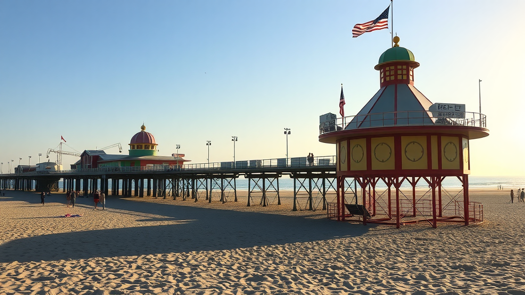 Santa Monica Pier with colorful structures and people enjoying the beach