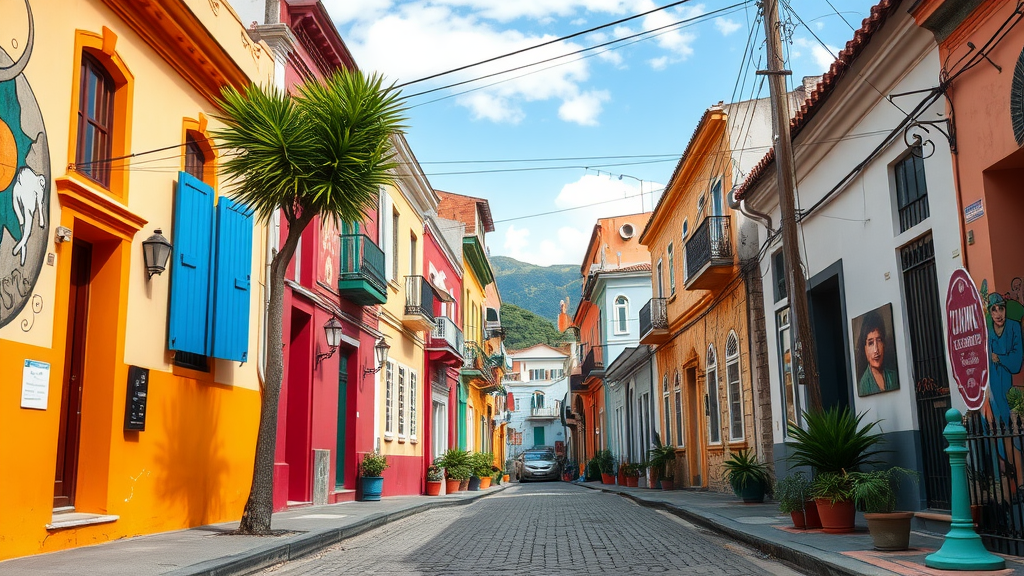 A vibrant street view in Santa Teresa, Brazil, showcasing colorful buildings and artistic murals.