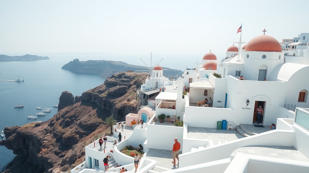 View of Santorini with white buildings and blue domes overlooking the sea