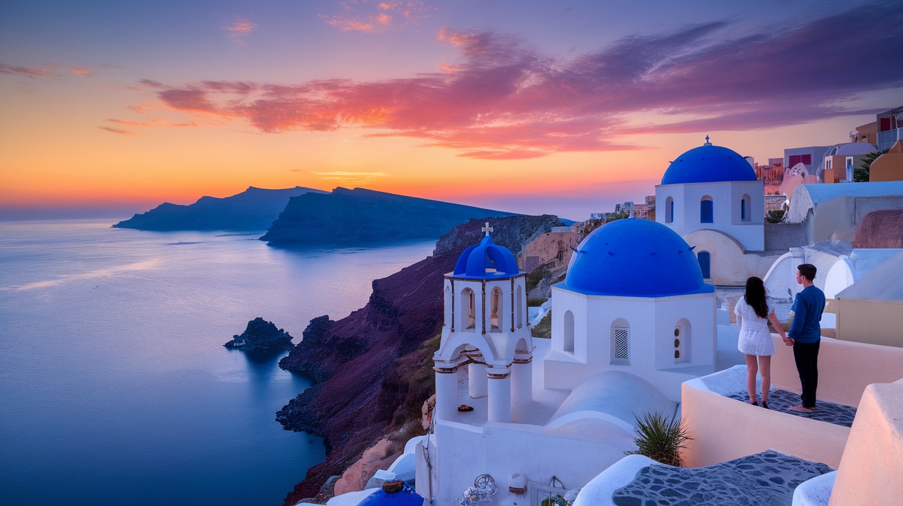 A couple standing hand in hand overlooking the Aegean Sea during sunset in Santorini, Greece.