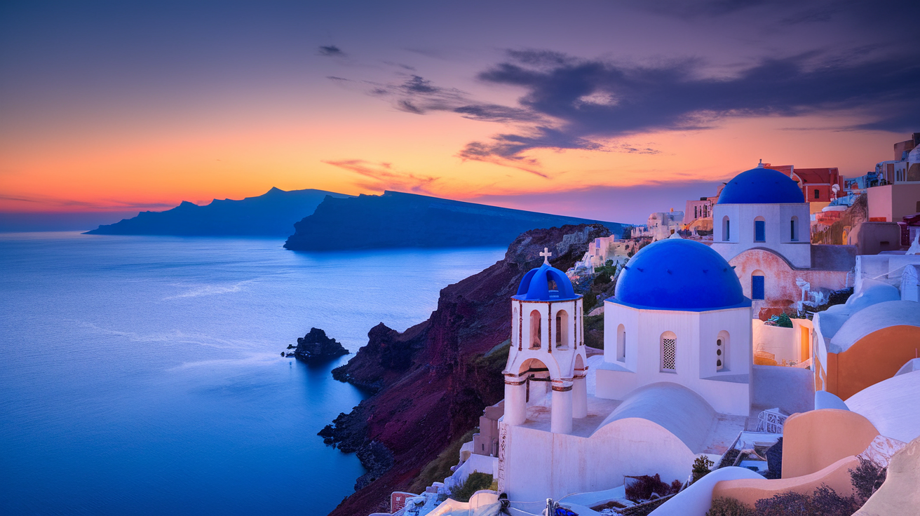 Beautiful view of Santorini's cliffs and sea at sunset, showcasing its iconic blue domes and white buildings.