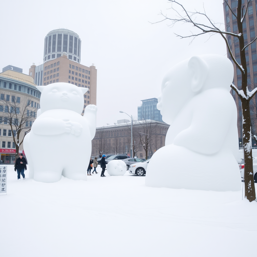 Giant snow sculptures in Sapporo with people walking in the snowy environment.