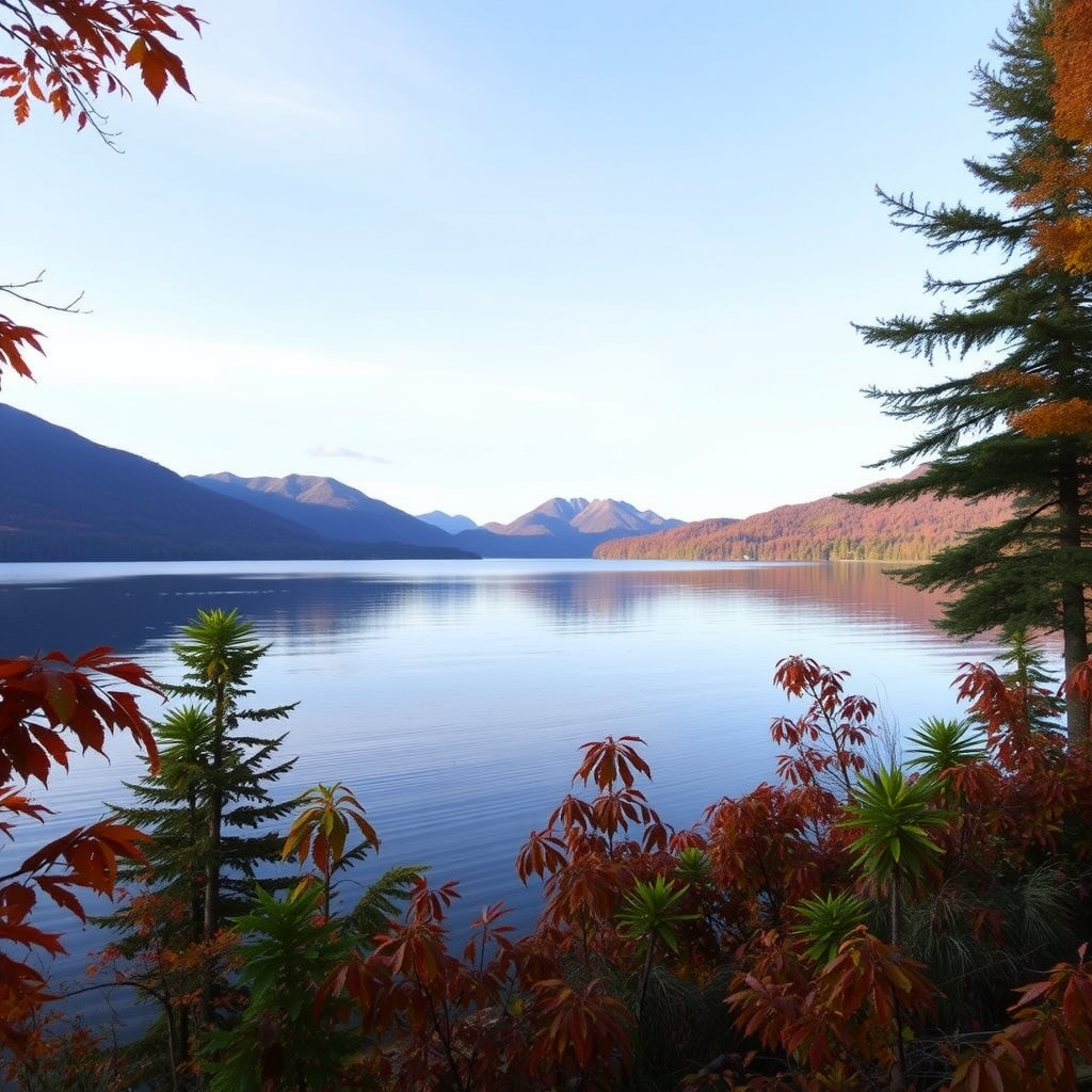 Scenic view of Saranac Lake with mountains and colorful autumn foliage