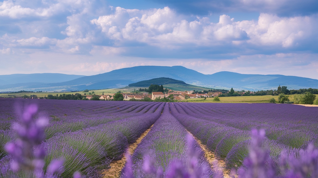 A panoramic view of lavender fields in Sault, France, with mountains in the background.