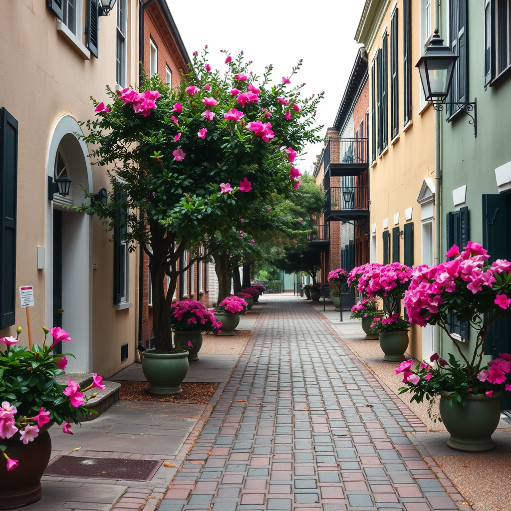 Narrow street in Savannah, Georgia lined with colorful houses and pink flowers in pots