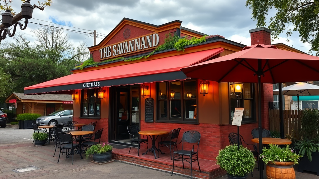 Exterior view of The Savannah restaurant, featuring outdoor seating and a welcoming atmosphere.