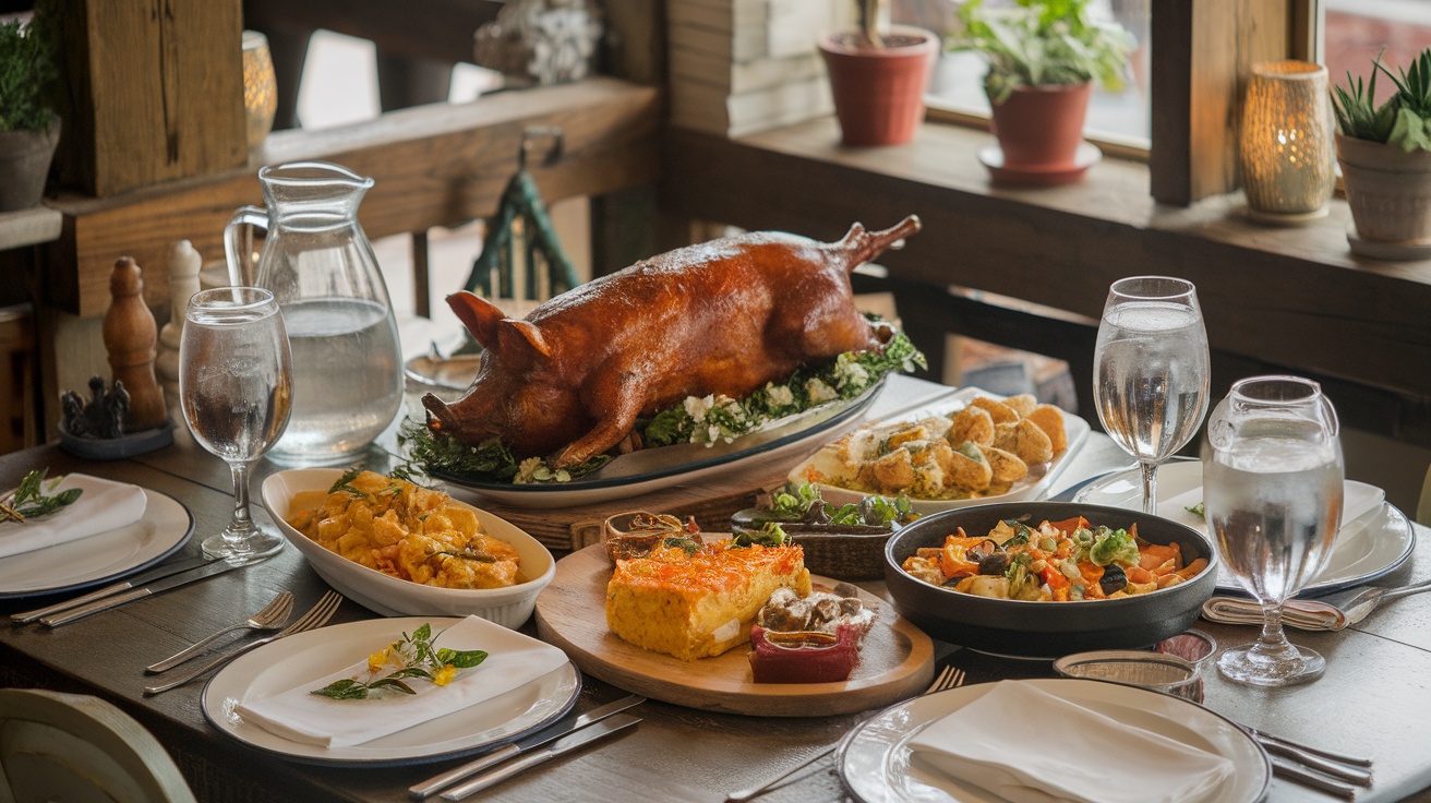 A beautifully arranged table with a variety of traditional dishes, including a whole roasted pig and colorful side dishes.