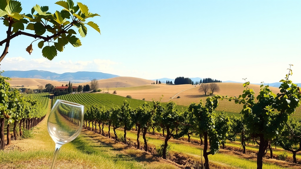 A glass of wine in a vineyard with rolling hills in Tuscany