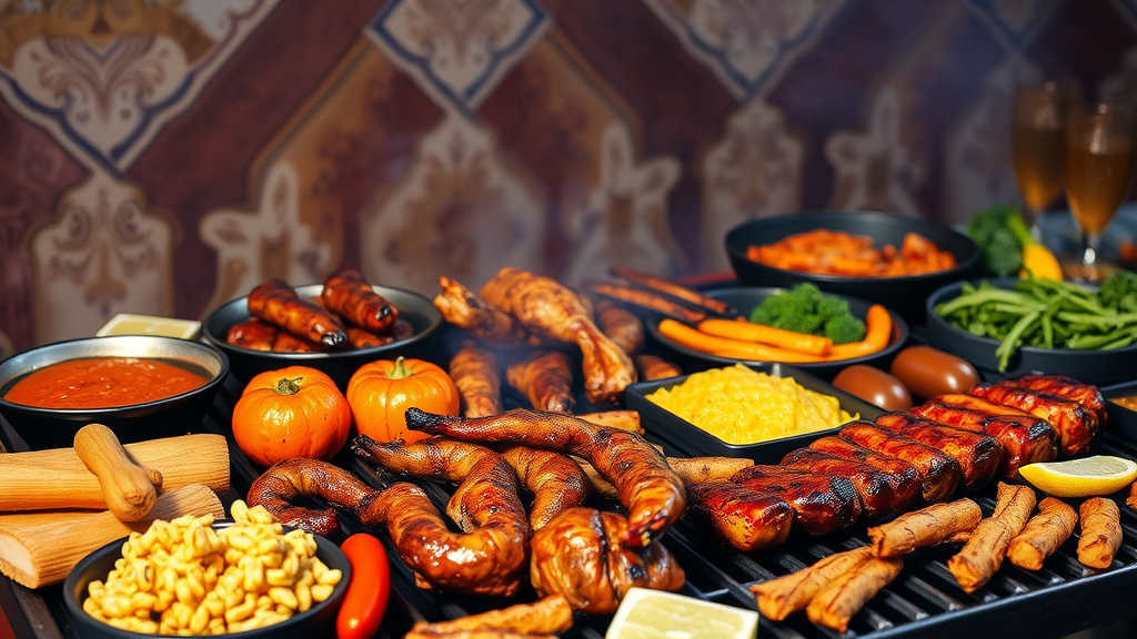 A variety of grilled meats and sides displayed on a BBQ grill, showcasing a South African braai.