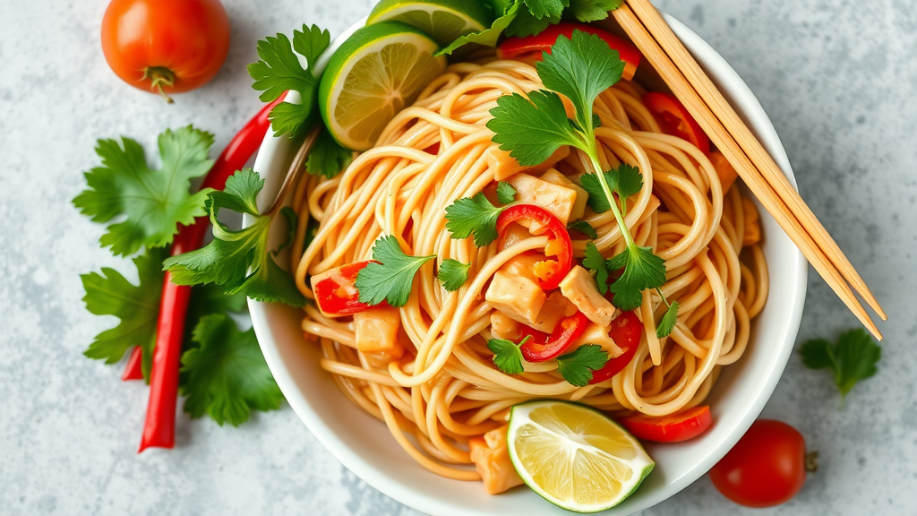 A bowl of pad thai with noodles, lime, chili peppers, and cilantro.