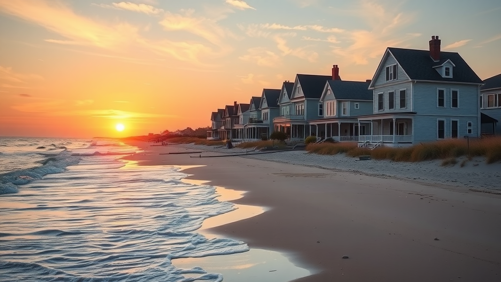 A scenic view of beach houses at sunset in Cape May, New Jersey.