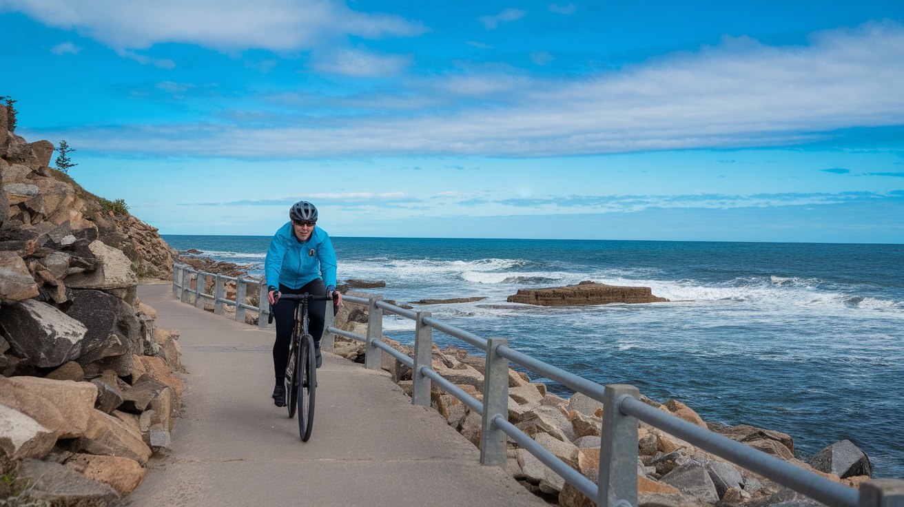 A cyclist riding on a coastal pathway beside the ocean.