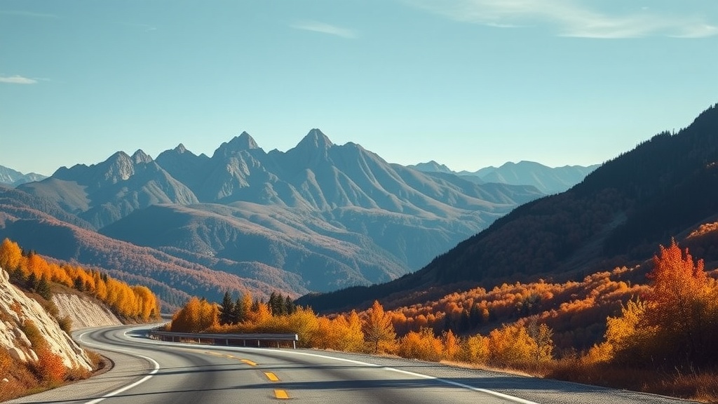 A scenic view of the Million Dollar Highway with mountains and autumn foliage.