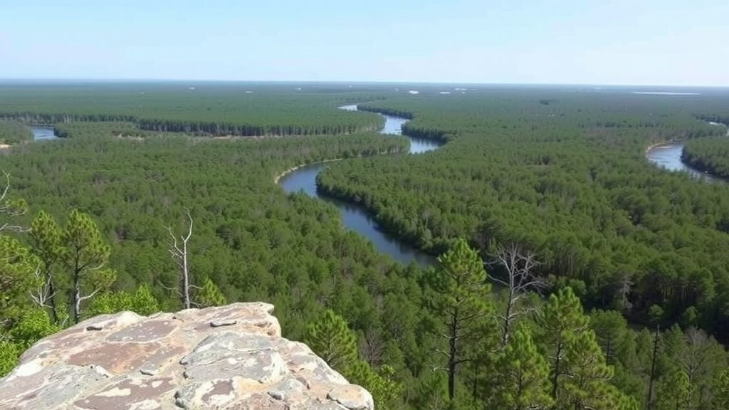 A scenic view from a high point in Apalachicola National Forest, showcasing dense forests and flowing rivers.