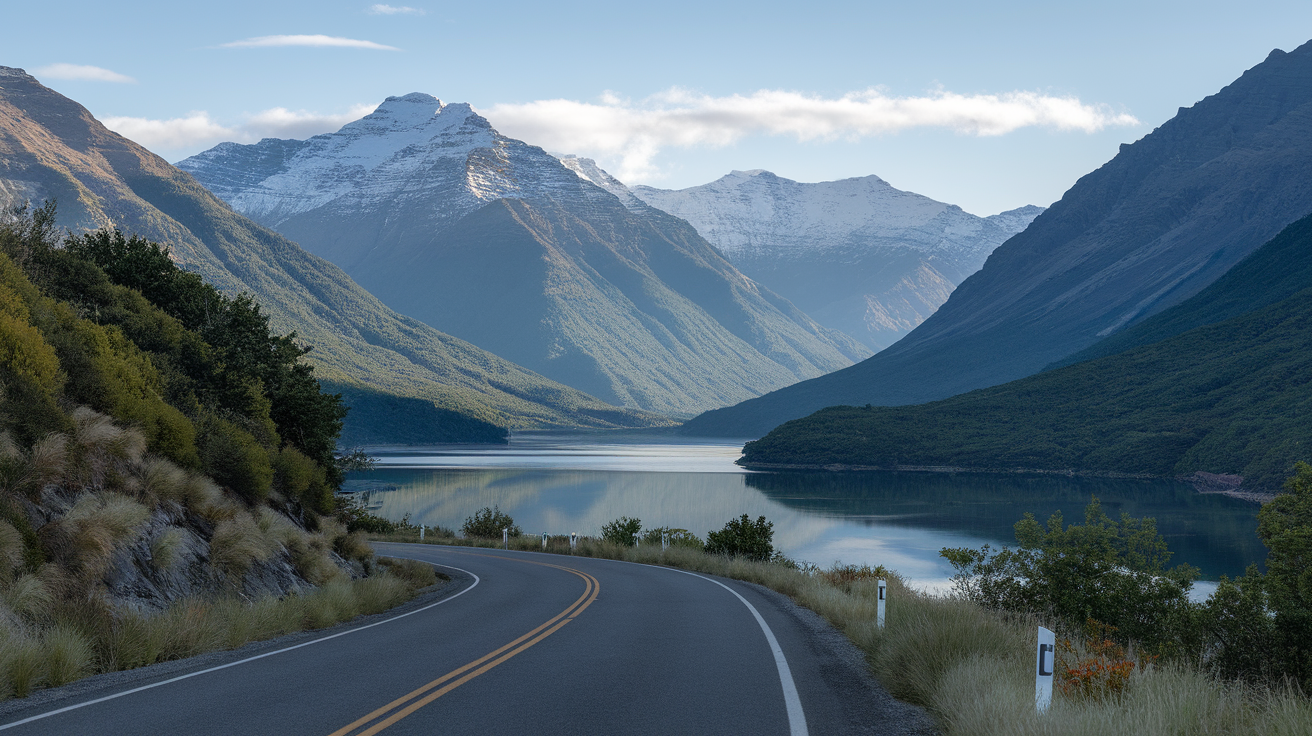 A scenic road winding through mountains and a lake in New Zealand