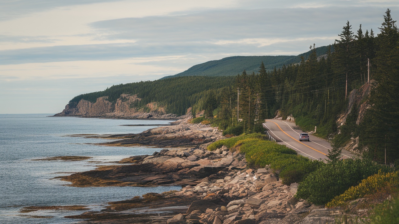 Scenic coastal road in Bar Harbor, Maine, lined with trees and rocky shores.