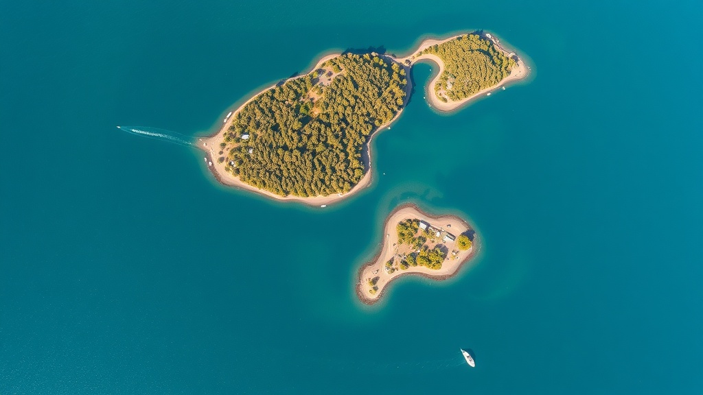 Aerial view of the San Juan Islands with clear blue water and lush greenery.