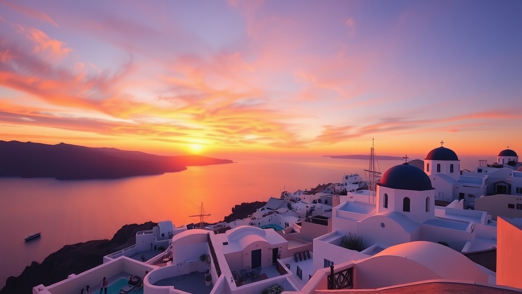 A scenic view of Santorini during sunset, showcasing white buildings and blue domes against a colorful sky.