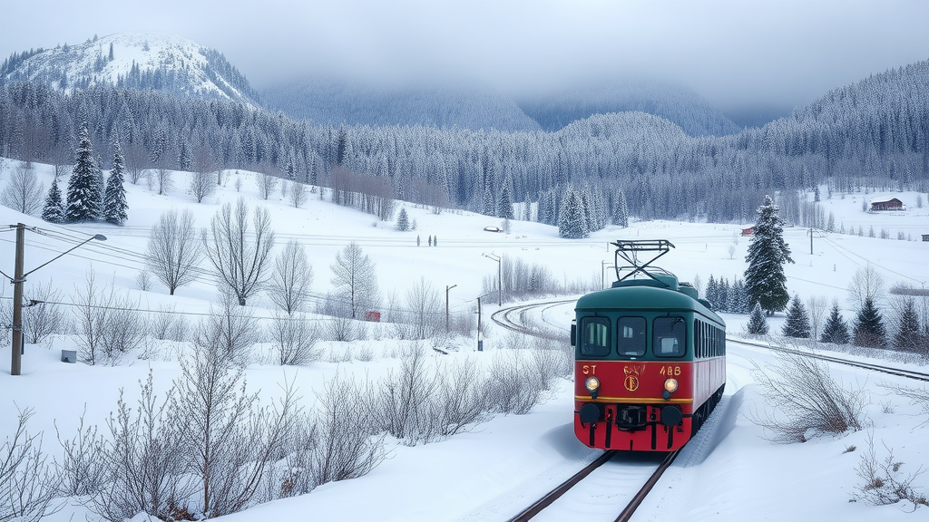 A vintage train on snowy tracks surrounded by winter scenery with snow-covered mountains and evergreens.