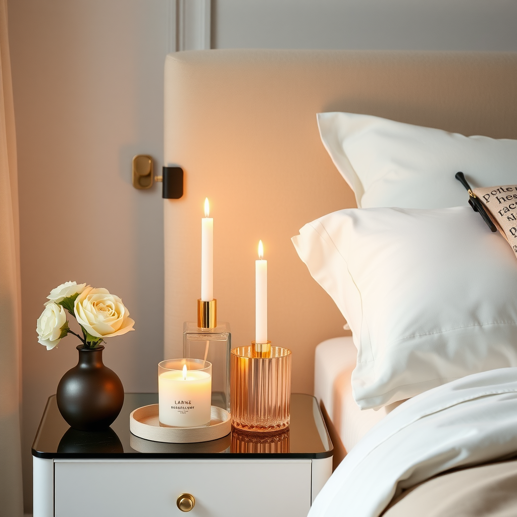 A stylish bedroom nightstand featuring scented candles, elegant flower arrangement, and cozy bedding.