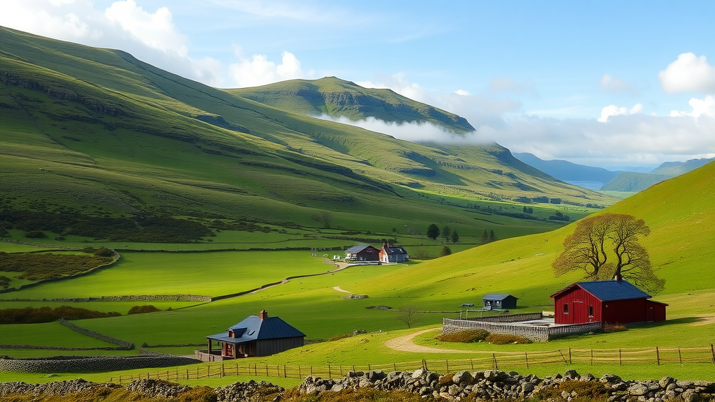 Scenic view of the Scottish Highlands with green hills and traditional red houses.