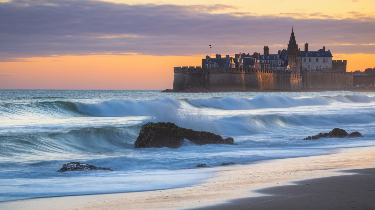 A couple walking on the beach in Saint-Malo with waves crashing and an old fortress in the background.