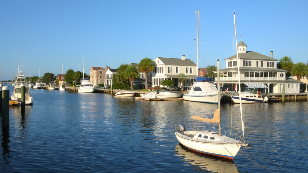 Scenic view of the marina in Beaufort, South Carolina, with boats and palm trees.