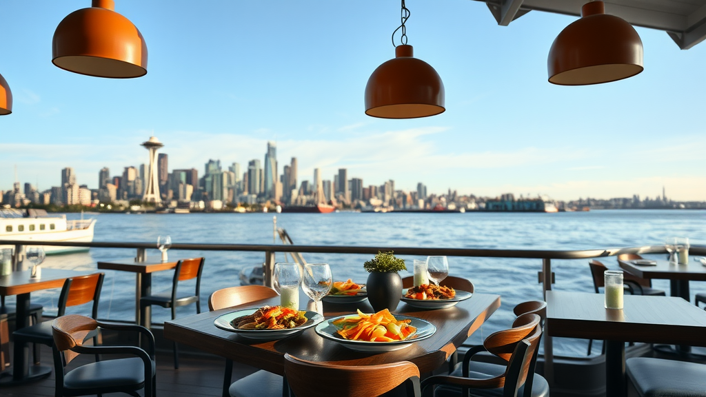 A scenic view of Seattle's skyline from a waterfront restaurant, featuring tables set for dining with plates of food.