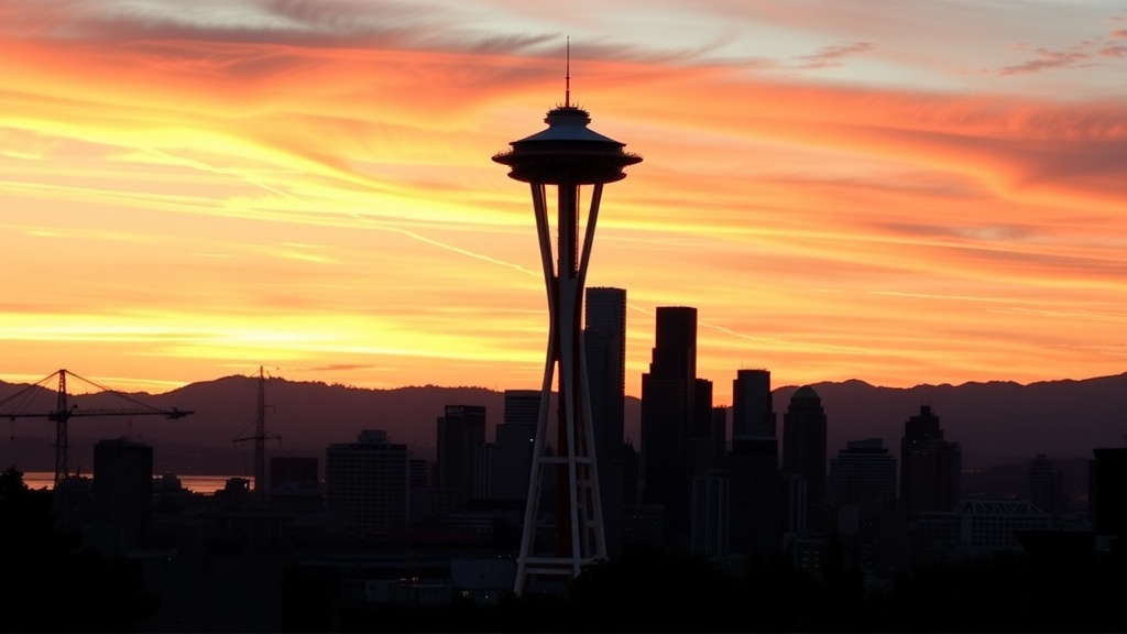 Sunset view of the Space Needle in Seattle with a colorful sky.