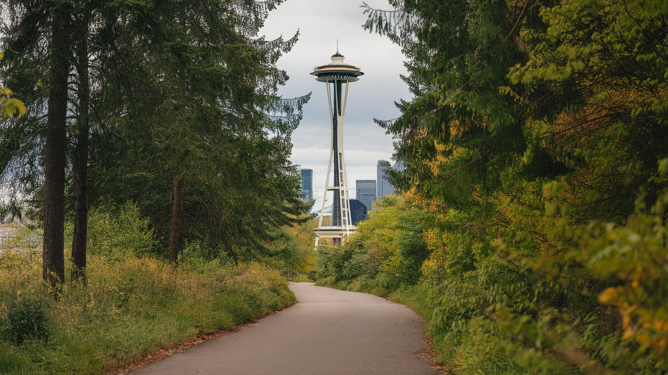 A path leading through trees with the Space Needle visible in the distance.