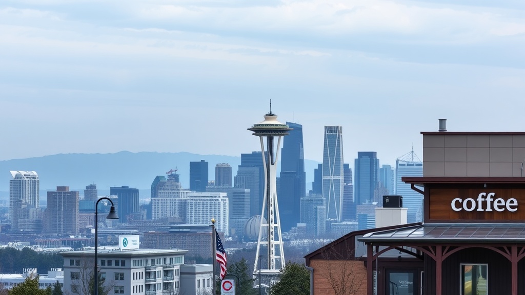 A scenic view of Seattle's skyline with the Space Needle and a coffee shop in the foreground.