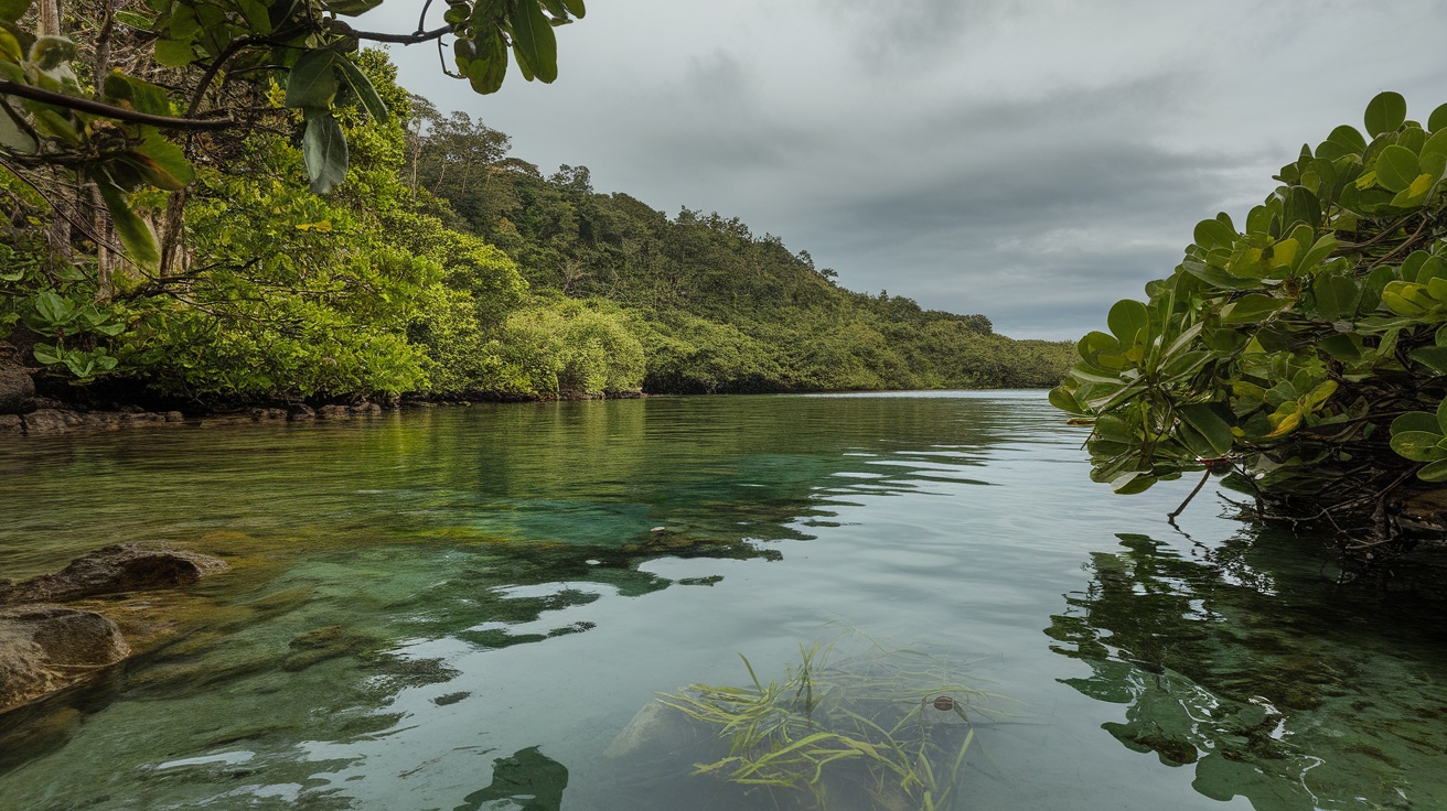 A secluded cove in Costa Rica surrounded by lush green foliage and calm, clear waters.