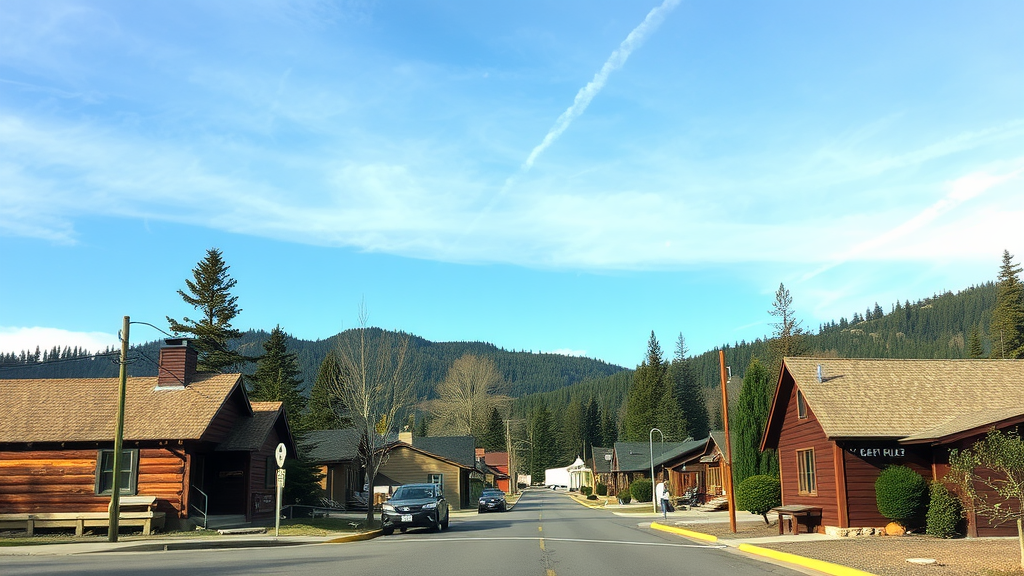 A peaceful street in Sisters, Oregon, lined with quaint houses and surrounded by mountains.